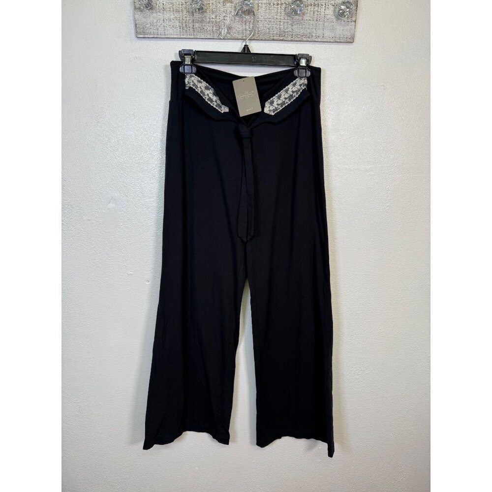 Anthropologie Black WideLeg Pants Lace Trim Tie Waist Small Boho Romantic Lounge